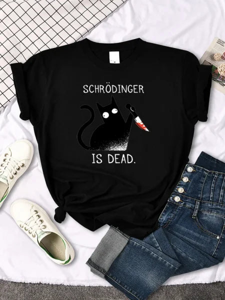 Schrödinger Is Dead Black Cat Print T-Shirt - Oversized Women’s Funny Top - Himpall