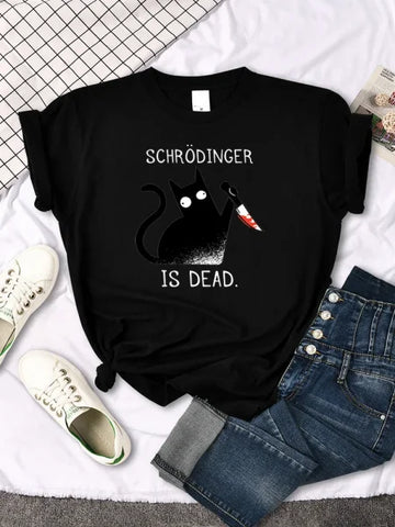 Schrödinger Is Dead Black Cat Print T-Shirt - Oversized Women’s Funny Top - Himpall