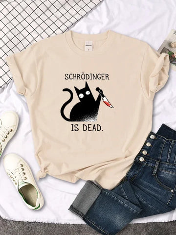 Schrödinger Is Dead Black Cat Print T-Shirt - Oversized Women’s Funny Top - Himpall