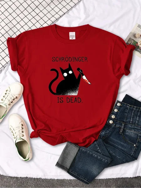 Schrödinger Is Dead Black Cat Print T-Shirt - Oversized Women’s Funny Top - Himpall