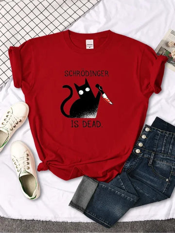 Schrödinger Is Dead Black Cat Print T-Shirt - Oversized Women’s Funny Top - Himpall