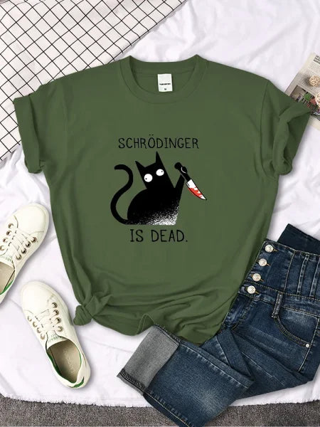 Schrödinger Is Dead Black Cat Print T-Shirt - Oversized Women’s Funny Top - Himpall