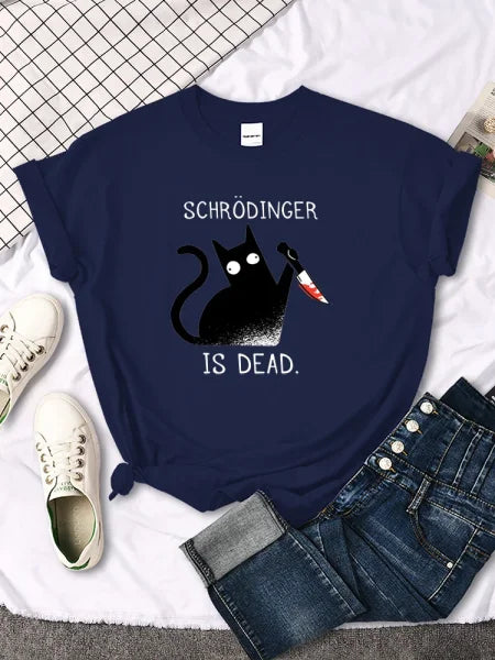 Schrödinger Is Dead Black Cat Print T-Shirt - Oversized Women’s Funny Top - Himpall