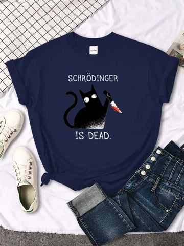 Schrödinger Is Dead Black Cat Print T-Shirt - Oversized Women’s Funny Top - Himpall
