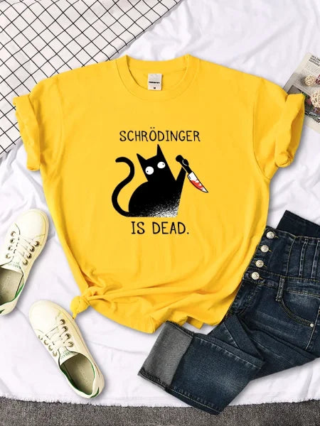Schrödinger Is Dead Black Cat Print T-Shirt - Oversized Women’s Funny Top - Himpall