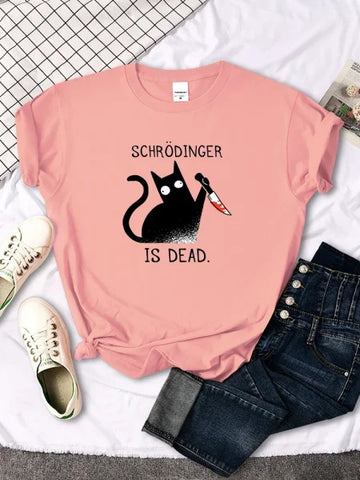 Schrödinger Is Dead Black Cat Print T-Shirt - Oversized Women’s Funny Top - Himpall