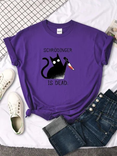 Schrödinger Is Dead Black Cat Print T-Shirt - Oversized Women’s Funny Top - Himpall