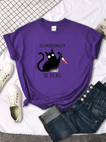 Schrödinger Is Dead Black Cat Print T-Shirt - Oversized Women’s Funny Top - Himpall