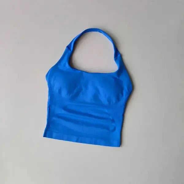 Seamless Halter Women Yoga Tank Top Padded Size Fitted Backless Gym Shirt - BX718-BLUE / S