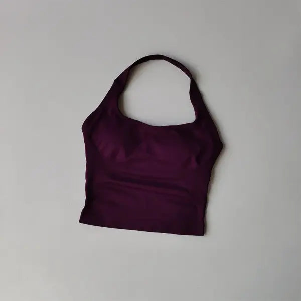 Seamless Halter Women Yoga Tank Top Padded Size Fitted Backless Gym Shirt - BX718-PURPLE / S