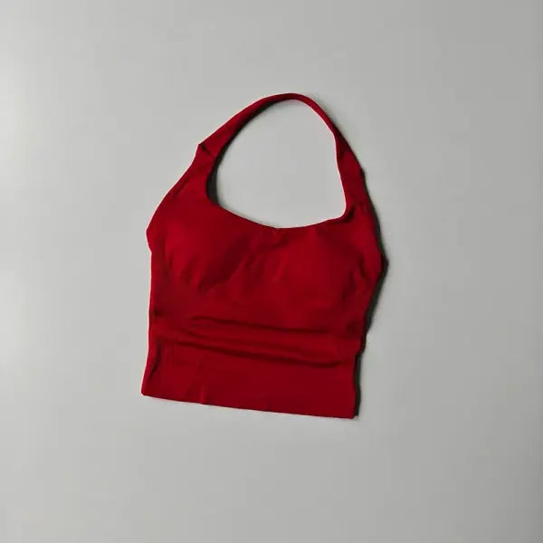 Seamless Halter Women Yoga Tank Top Padded Size Fitted Backless Gym Shirt - BX718-RED / S