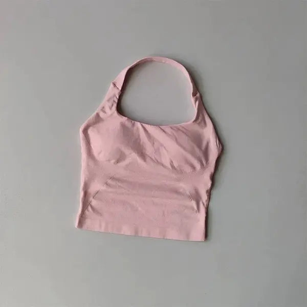 Seamless Halter Women Yoga Tank Top Padded Size Fitted Backless Gym Shirt - BX718-PINK / S