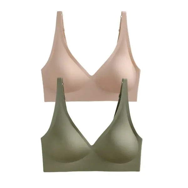 Seamless Mold Cup Wireless Bras 2-Pack Soft Padded Deep V Lingerie - beige-green / One Size / China Mainland|XXL
