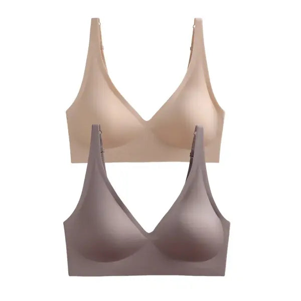Seamless Mold Cup Wireless Bras 2-Pack Soft Padded Deep V Lingerie - beige-purplegray / One Size / China Mainland|XXL