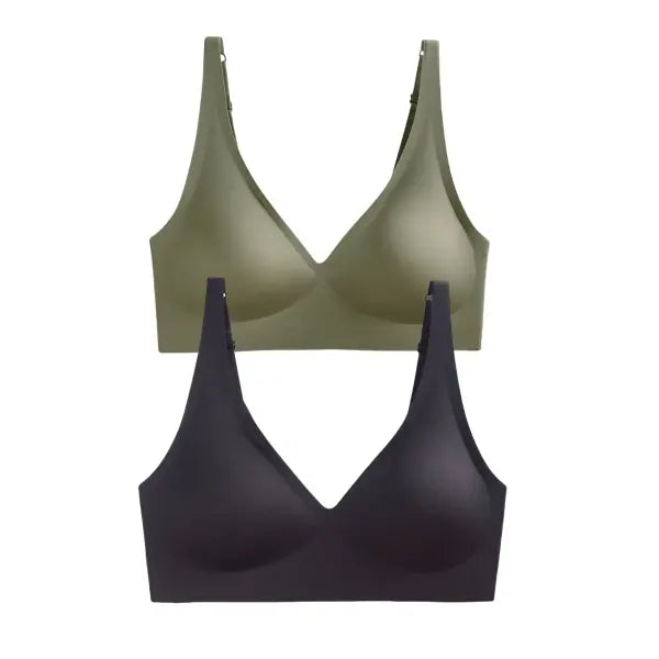 Seamless Mold Cup Wireless Bras 2-Pack Soft Padded Deep V Lingerie - black-green / One Size / China Mainland|XXL