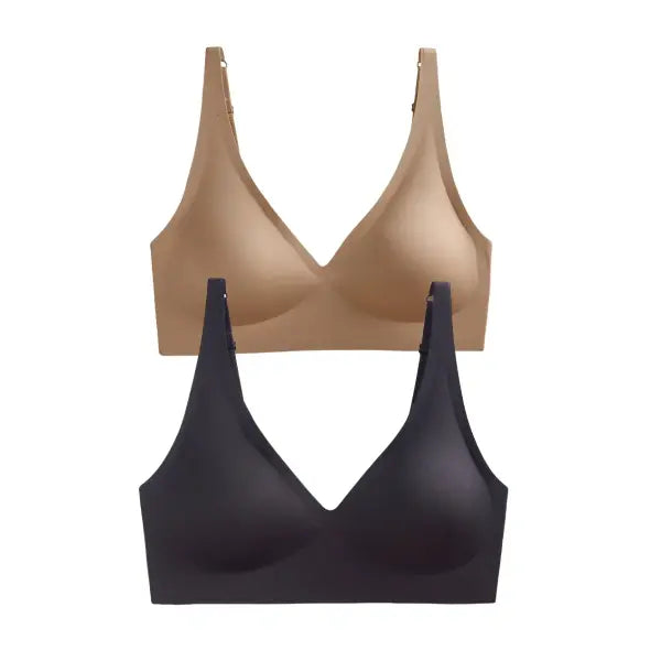 Seamless Mold Cup Wireless Bras 2-Pack Soft Padded Deep V Lingerie - black-lightkhaki / One Size / China Mainland|L
