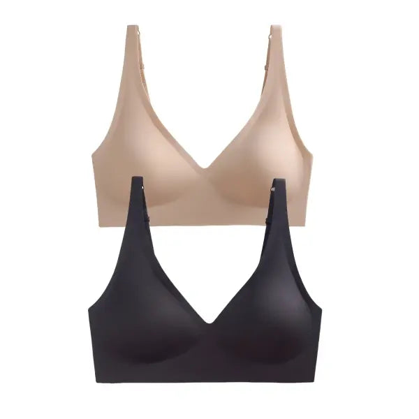 Seamless Mold Cup Wireless Bras 2-Pack Soft Padded Deep V Lingerie - black-beige / One Size / China Mainland|XXL