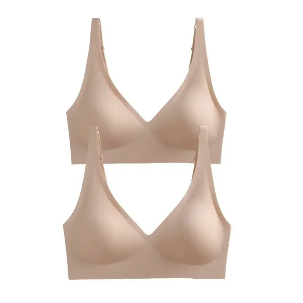 Seamless Mold Cup Wireless Bras 2-Pack Soft Padded Deep V Lingerie - beige-beige / One Size / China Mainland|S