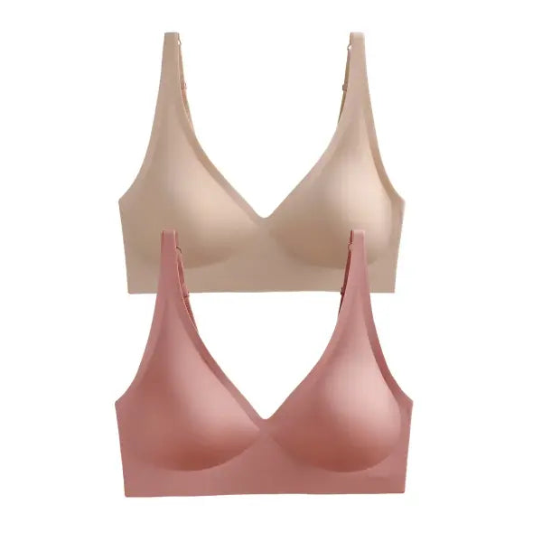 Seamless Mold Cup Wireless Bras 2-Pack Soft Padded Deep V Lingerie - beige-pink / One Size / China Mainland|XL