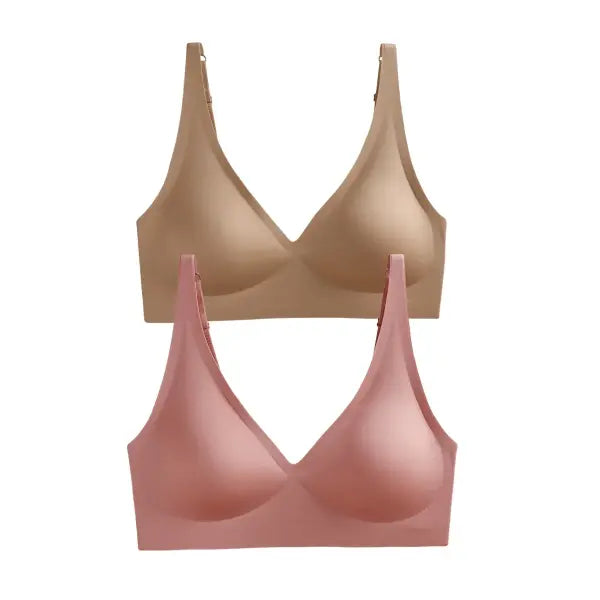 Seamless Mold Cup Wireless Bras 2-Pack Soft Padded Deep V Lingerie - lightkhaki-pink / One Size / China Mainland|L