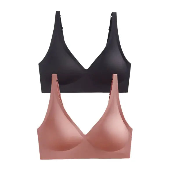 Seamless Mold Cup Wireless Bras 2-Pack Soft Padded Deep V Lingerie - black-pink / One Size / China Mainland|M