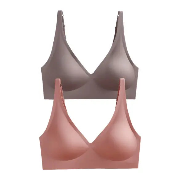 Seamless Mold Cup Wireless Bras 2-Pack Soft Padded Deep V Lingerie - purplegray-pink / One Size / China Mainland|L