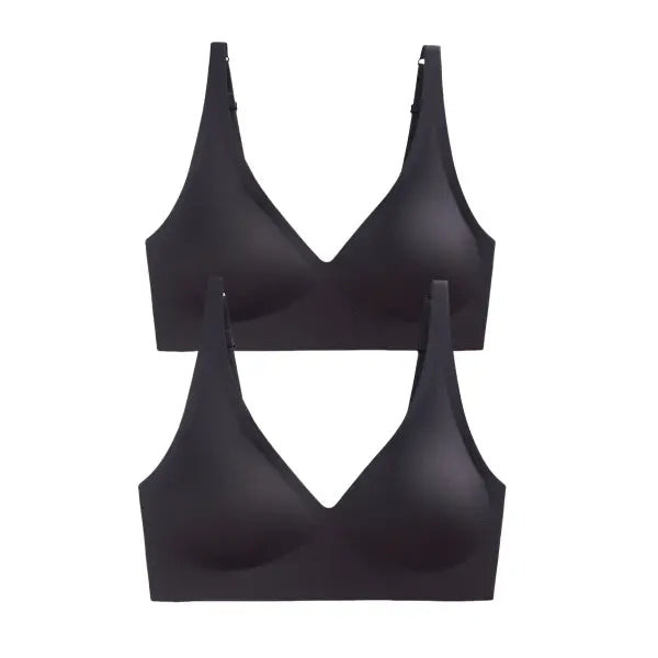 Seamless Mold Cup Wireless Bras 2-Pack Soft Padded Deep V Lingerie - black-black / One Size / China Mainland|L