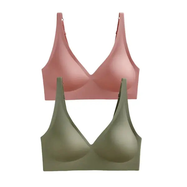 Seamless Mold Cup Wireless Bras 2-Pack Soft Padded Deep V Lingerie - pink-green / One Size / China Mainland|XL