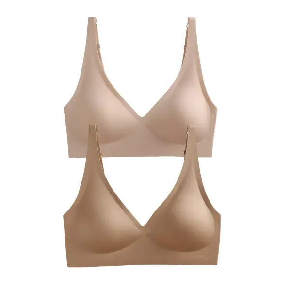 Seamless Mold Cup Wireless Bras 2-Pack Soft Padded Deep V Lingerie - beige-lightkhaki / One Size / China Mainland|M