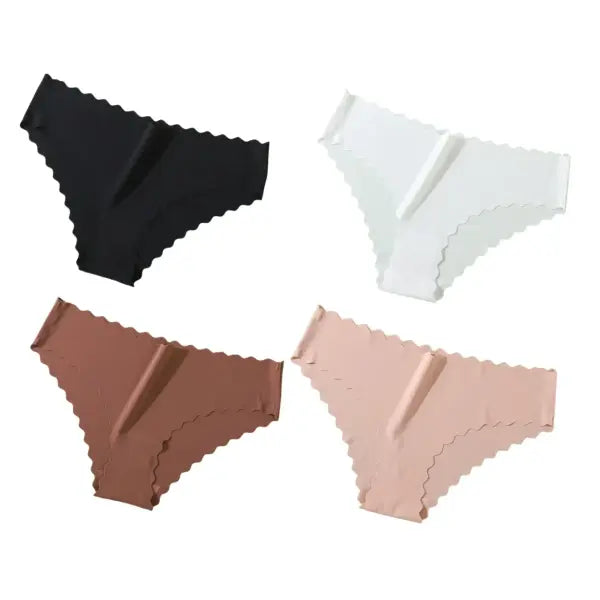 Seamless Panties 4Pcs Ice Silk XS-XL Set Scalloped Edge No Show Lingerie - BWCP / XL / 4PCS
