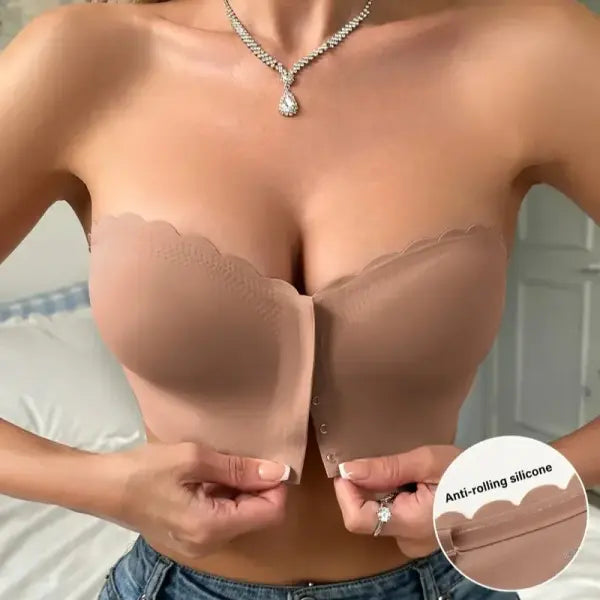 Seamless Strapless Wireless Bra Solid Push Up Comfort Lingerie - Brown / XL