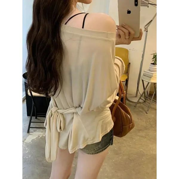 Women’s See-Through Oversized Long Sleeve Tee – Sexy Back Bandage Off-Shoulder Top Korean Chic Sheer Mesh Basic Tee