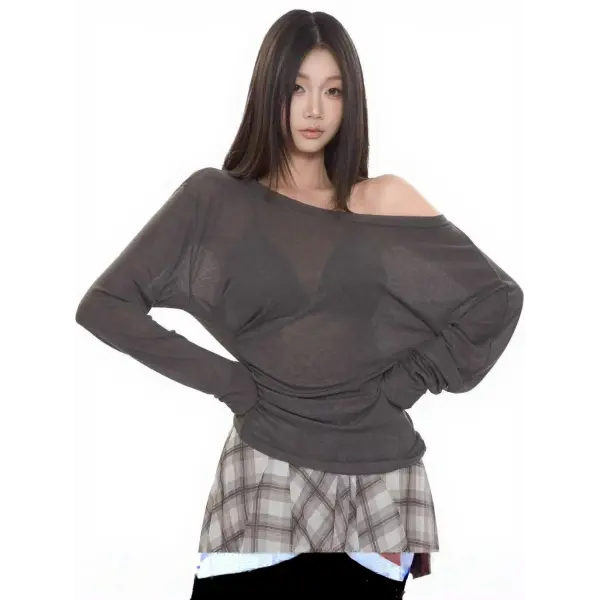 Women’s See-Through Oversized Long Sleeve Tee – Sexy Back Bandage Off-Shoulder Top Korean Chic Sheer Mesh Basic Tee