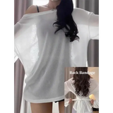 Women’s See-Through Oversized Long Sleeve Tee – Sexy Back Bandage Off-Shoulder Top Korean Chic Sheer Mesh Basic Tee