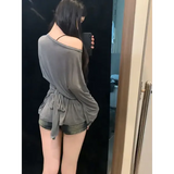 Women’s See-Through Oversized Long Sleeve Tee – Sexy Back Bandage Off-Shoulder Top Korean Chic Sheer Mesh Basic Tee