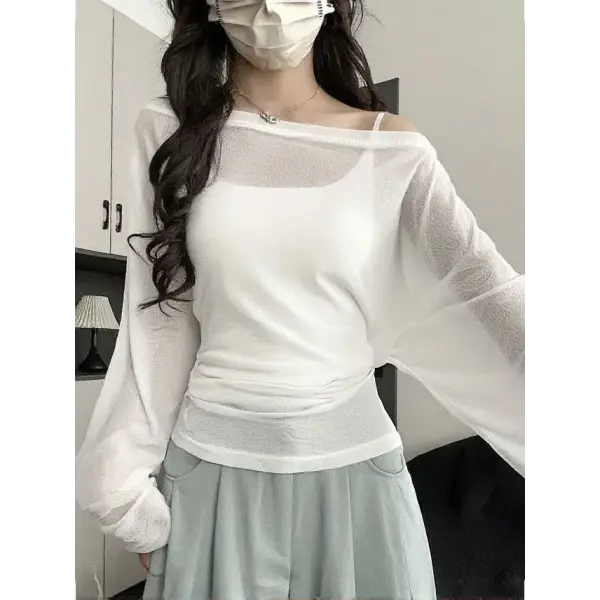 Women’s See-Through Oversized Long Sleeve Tee – Sexy Back Bandage Off-Shoulder Top Korean Chic Sheer Mesh Basic Tee