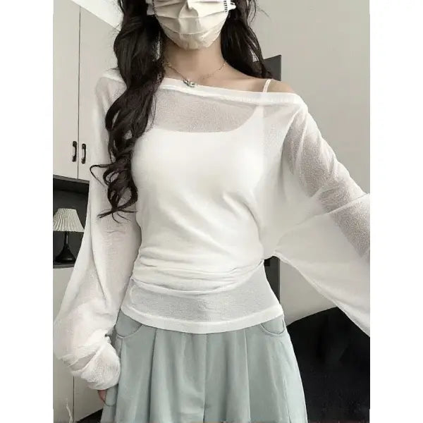 Women’s See-Through Oversized Long Sleeve Tee – Sexy Back Bandage Off-Shoulder Top Korean Chic Sheer Mesh Basic Tee