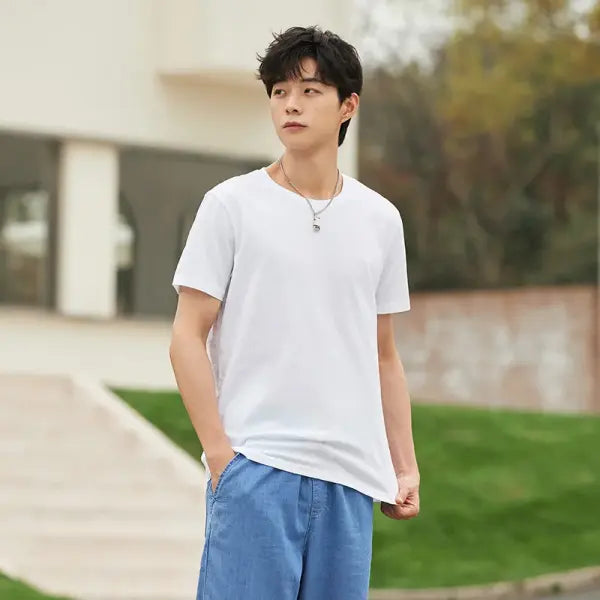 Cotton casual t-shirt with stretch o neck tops - white 02 / 4XL