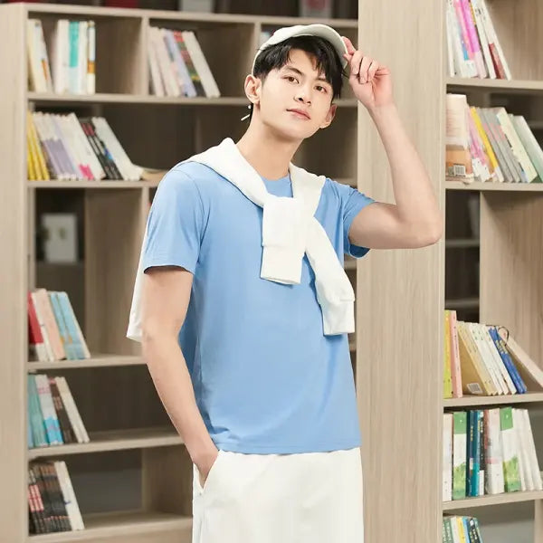 Cotton casual t-shirt with stretch o neck tops - ice blue 02 / S