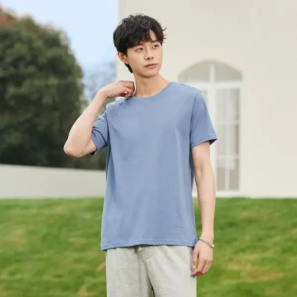 Cotton casual t-shirt with stretch o neck tops - blue o2 / 4XL