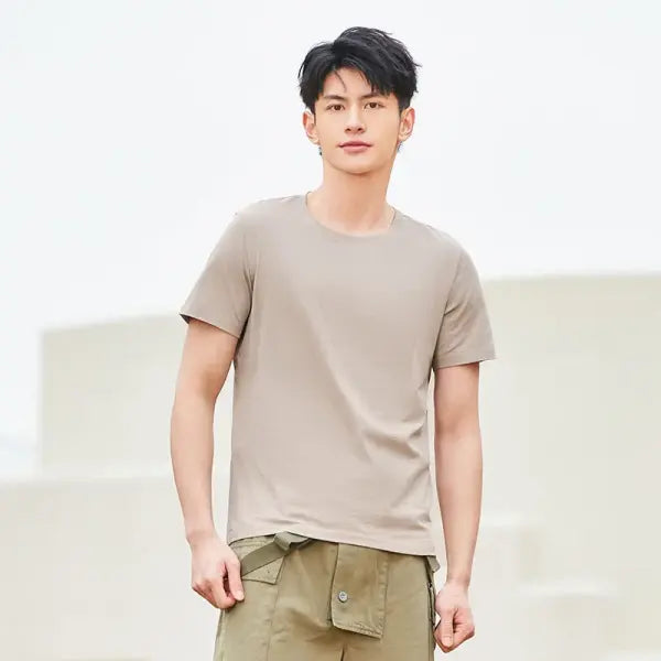 Cotton casual t-shirt with stretch o neck tops - khaki o2 / 4XL