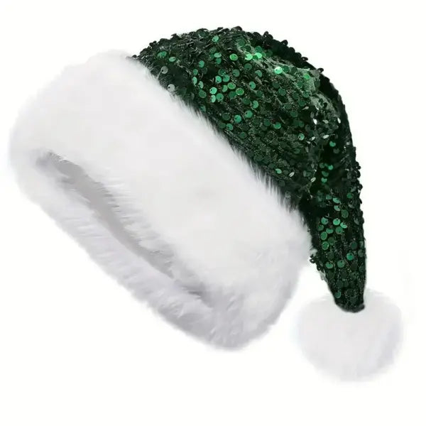 Sequin Christmas Santa Hat – Sparkly Plush Holiday Hat with Fluffy Pom Pom for Adults & Kids - Other / Red 1