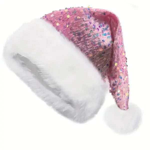 Sequin Christmas Santa Hat – Sparkly Plush Holiday Hat with Fluffy Pom Pom for Adults & Kids - Other / Red 1