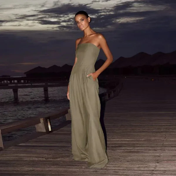 Sexy Backless Off-Shoulder Jumpsuit – Women’s Wide Leg Outfit - Khaki / XXXL