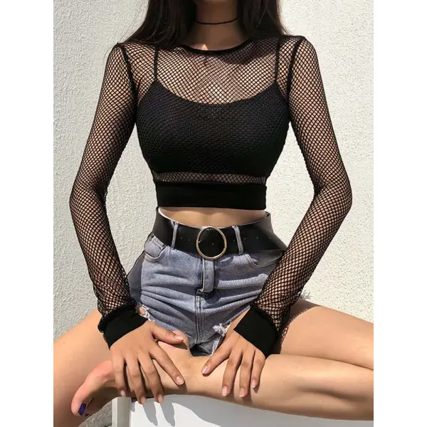 Sexy Black Hollow Out Mesh T-Shirt Female Skinny Crop Top 2023 New Fashion Summer Basic Tops For Women Fishnet Shirt