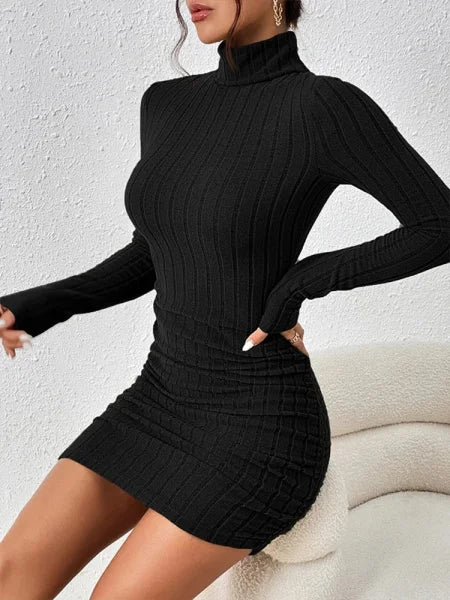 Sexy Black Mini Dress for Women – Autumn Turtleneck Bodycon Party Dress - Himpall