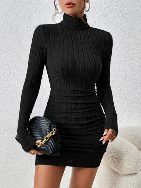 Sexy Black Mini Dress for Women – Autumn Turtleneck Bodycon Party Dress - Himpall