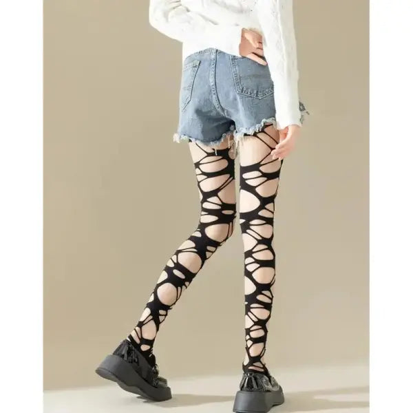Sexy Black Ripped Fishnet Tights Women Gothic Punk Hollow Out Tight Mesh Pantyhose Stockings Leggings Emo Style Egirl