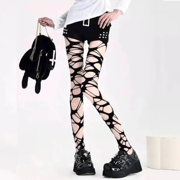 Sexy Black Ripped Fishnet Tights Women Gothic Punk Hollow Out Tight Mesh Pantyhose Stockings Leggings Emo Style Egirl