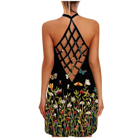 Sexy Hollow Out Summer Dress – Women's Halter Sleeveless Boho Sundress with Flower Dot Print - Himpall